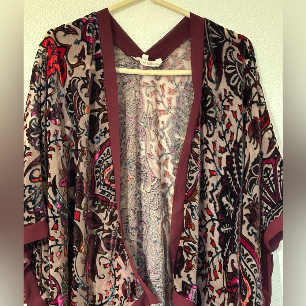 Soft Surroundings Kimono Women Burgundy Floral Burnout Velvet Open Front OneSize - Picture 2 of 7